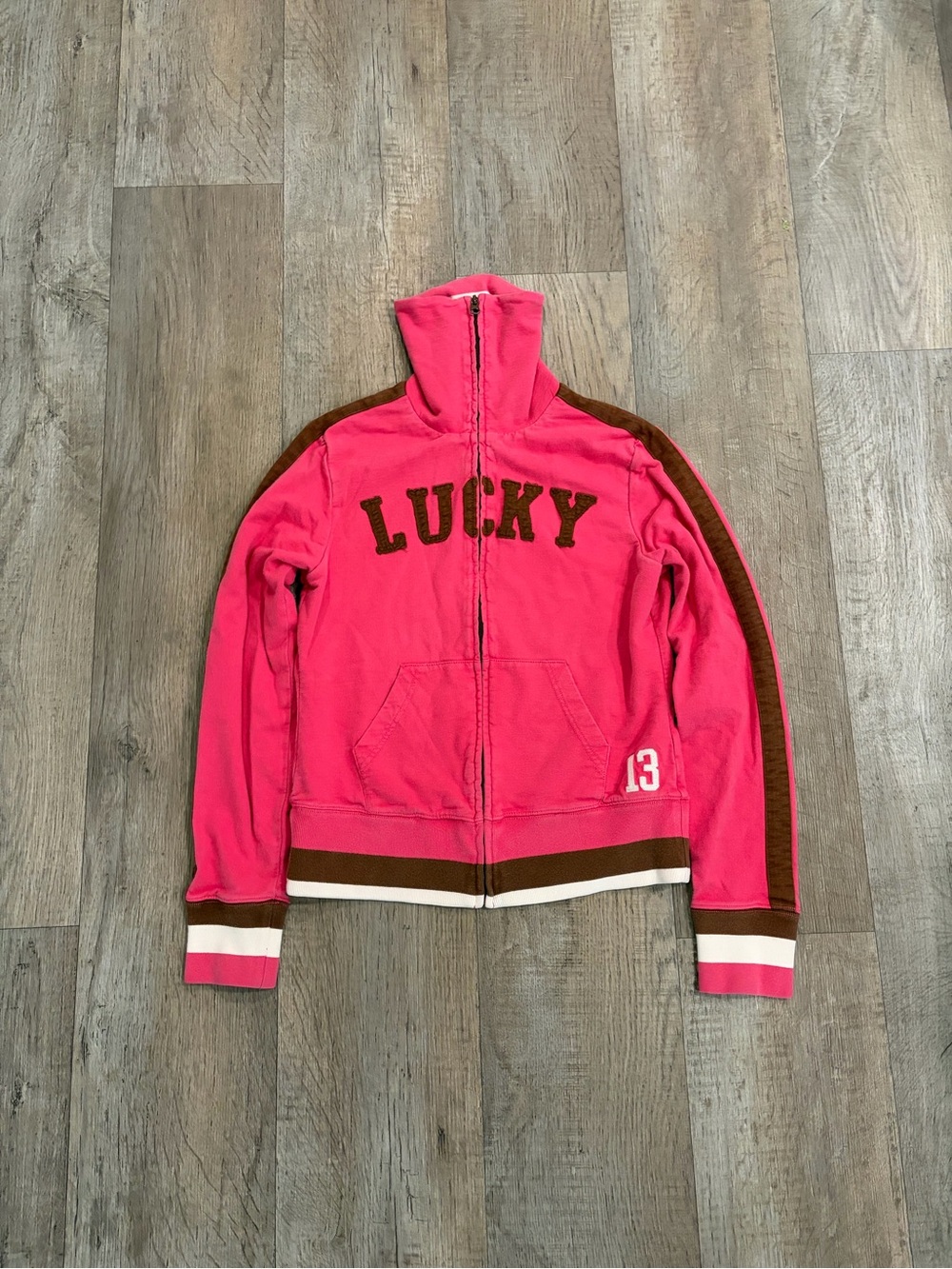 Y2K Lucky Brand 13 Pink and Brown Zip-Up Varsity Jacket with Funnel Neck Size M